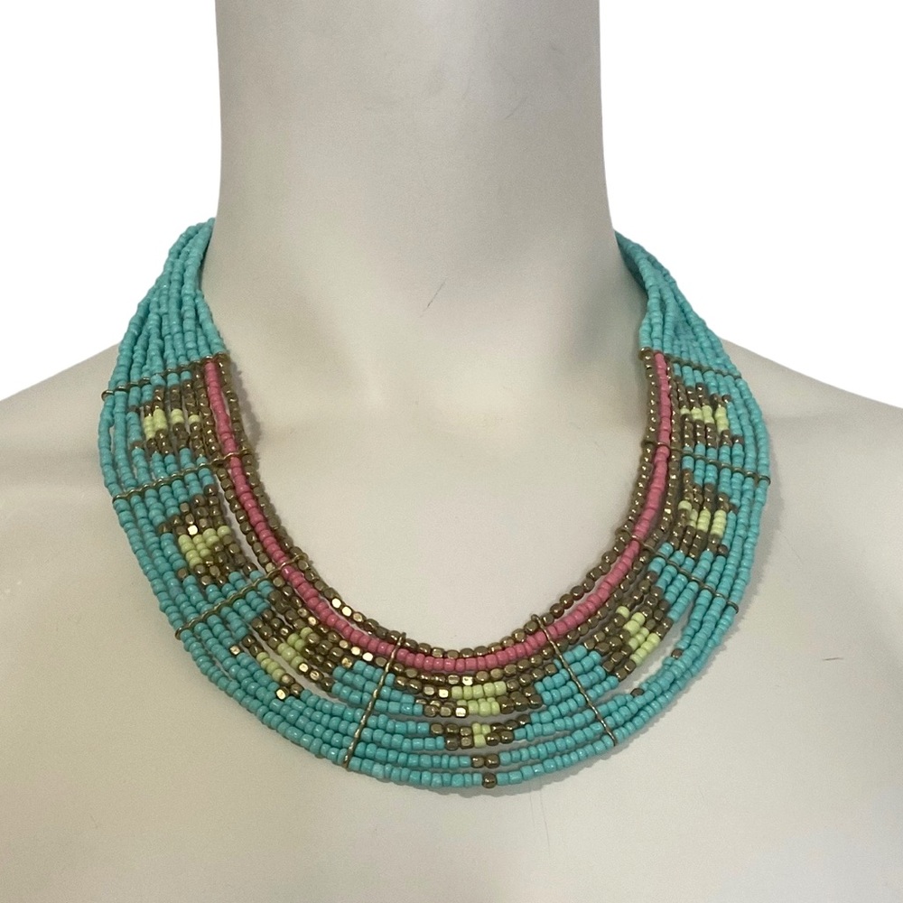 Gorgeous Turquoise Gold Pink Beaded 1.5" Collar Multistrand Statement Necklace